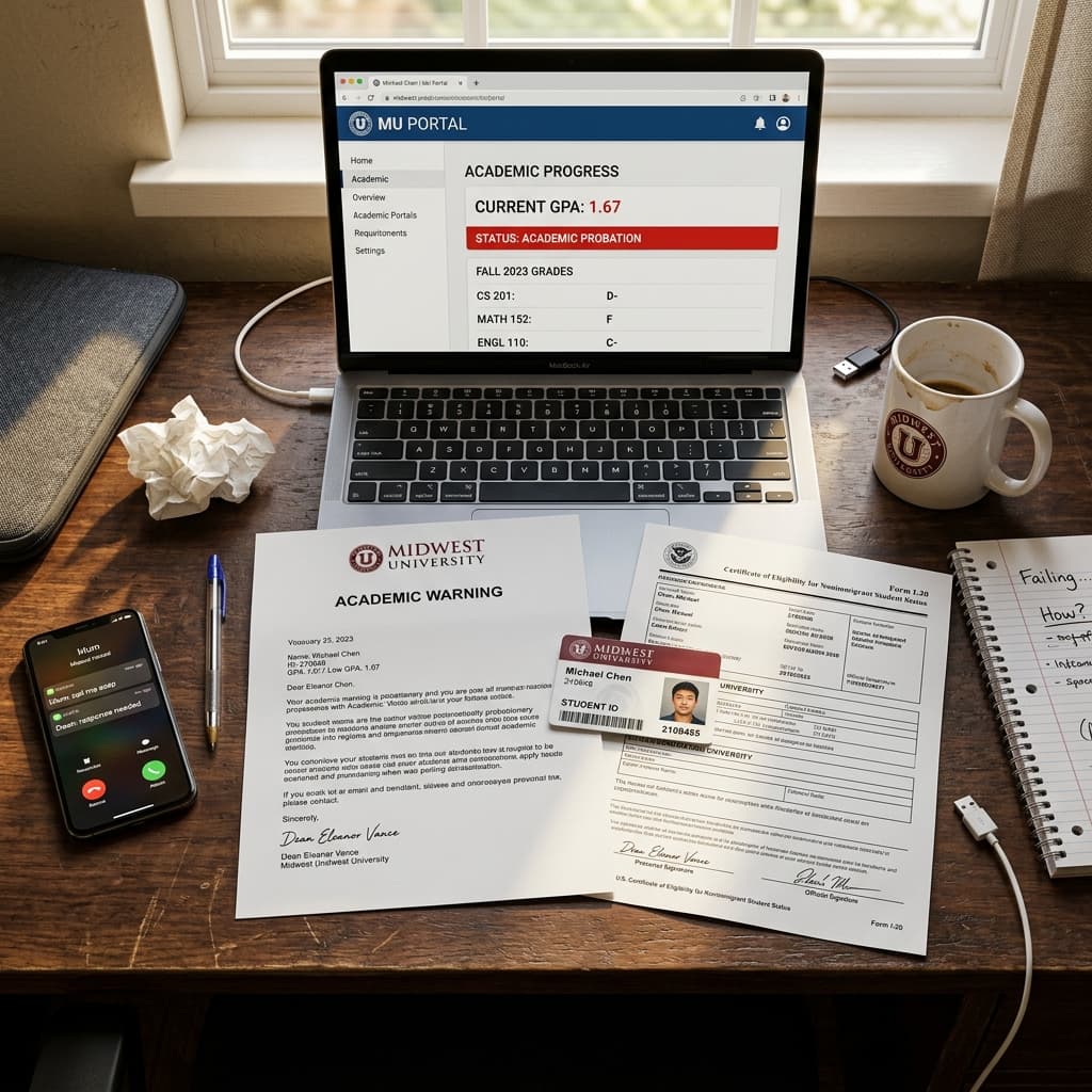 Academic desk with an Academic Warning letter, student ID, and laptop showing a low GPA