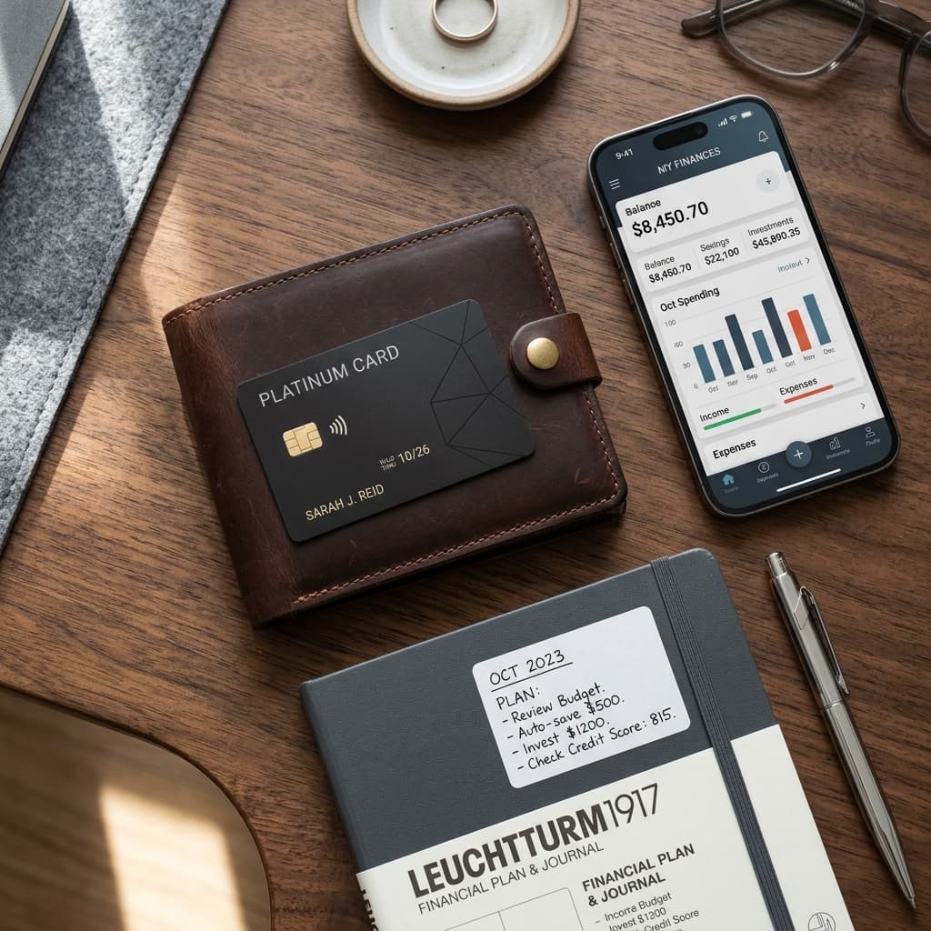 Leather wallet with a credit card, next to a smartphone showing a financial dashboard