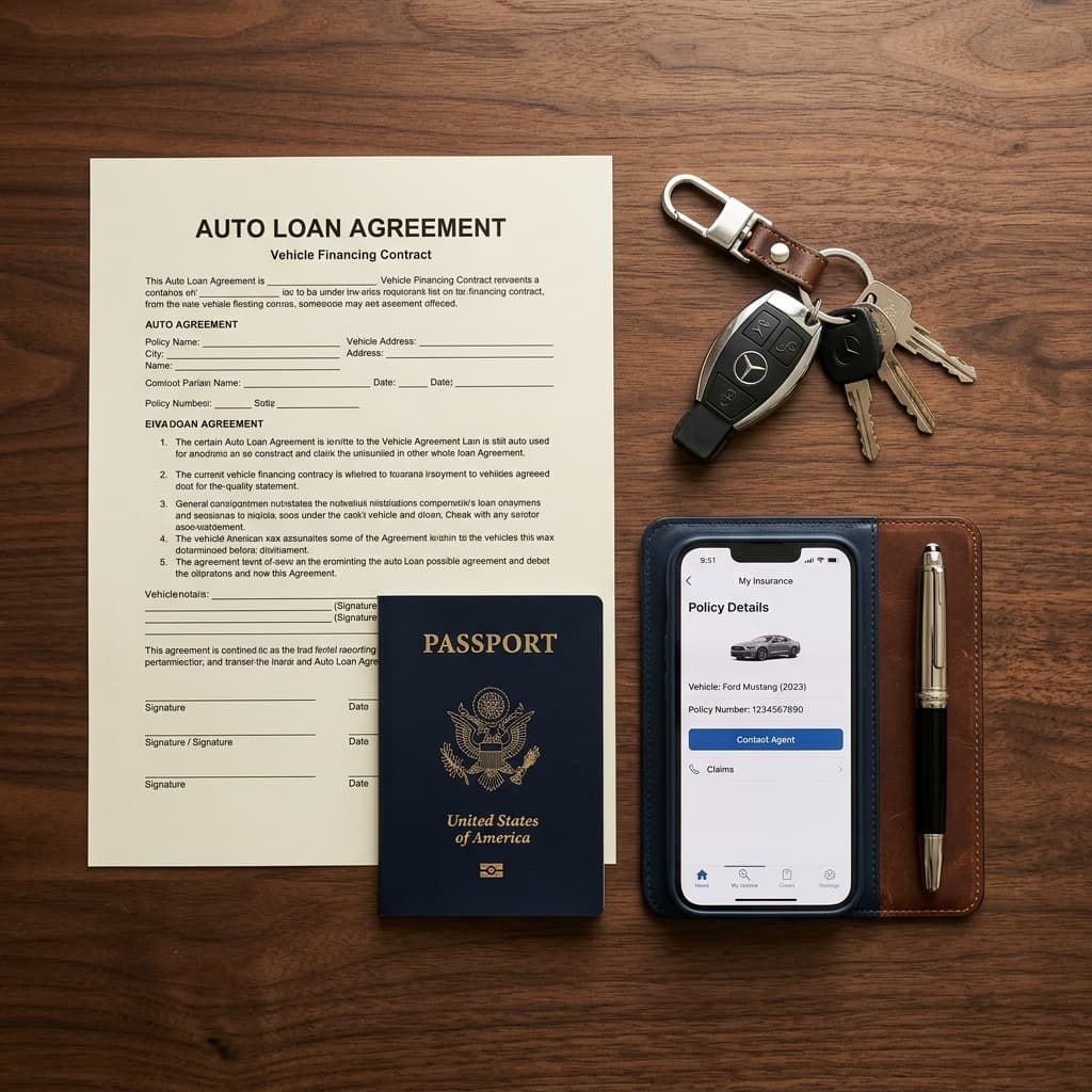 Car keys on an auto loan agreement with a passport and smartphone showing insurance
