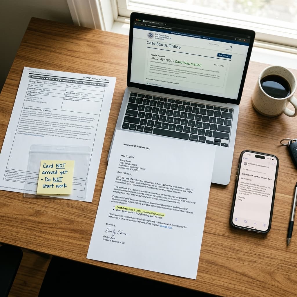 USCIS approval notice, sticky note saying Card NOT arrived - Do NOT start work, and USCIS case status on laptop
