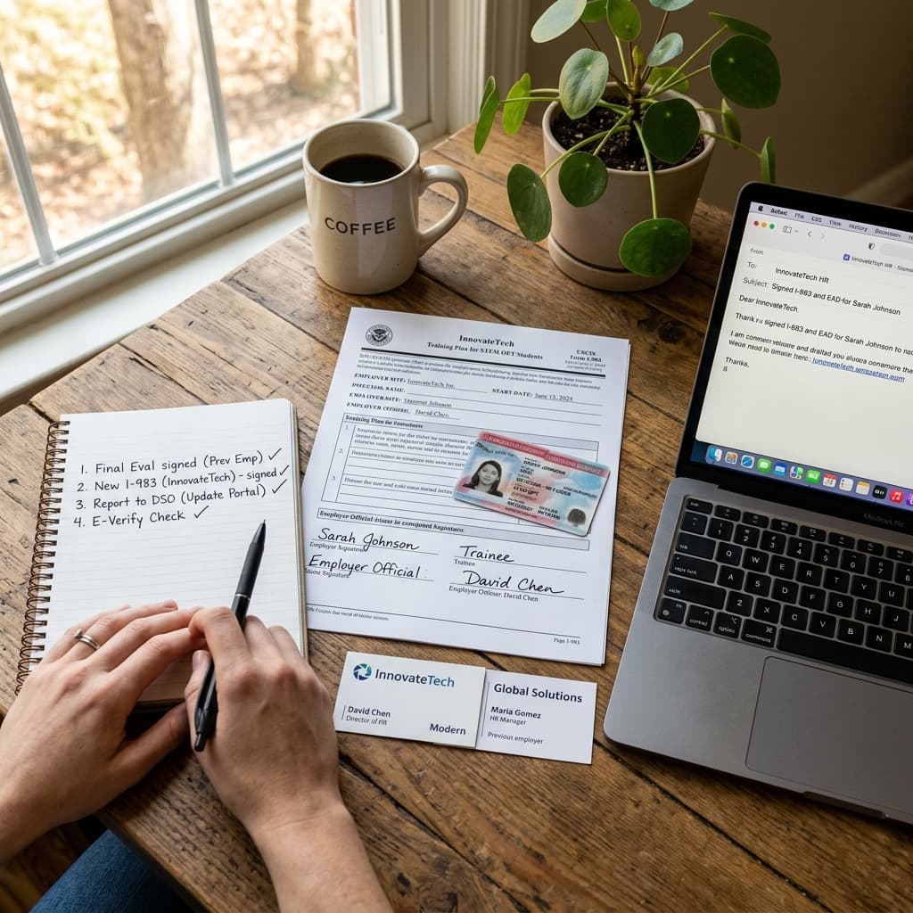 Two business cards, new Form I-983, employer change checklist in notebook and laptop with email to HR