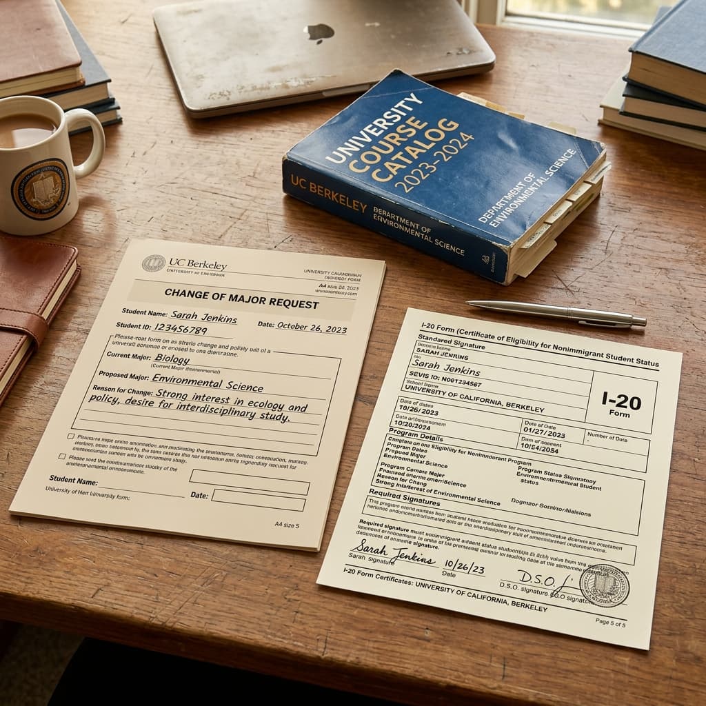 Academic desk with a Change of Major Request form, I-20 document, and a course catalog