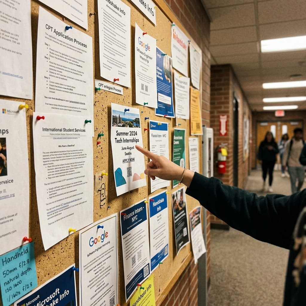 University bulletin board with CPT application forms and internship flyers