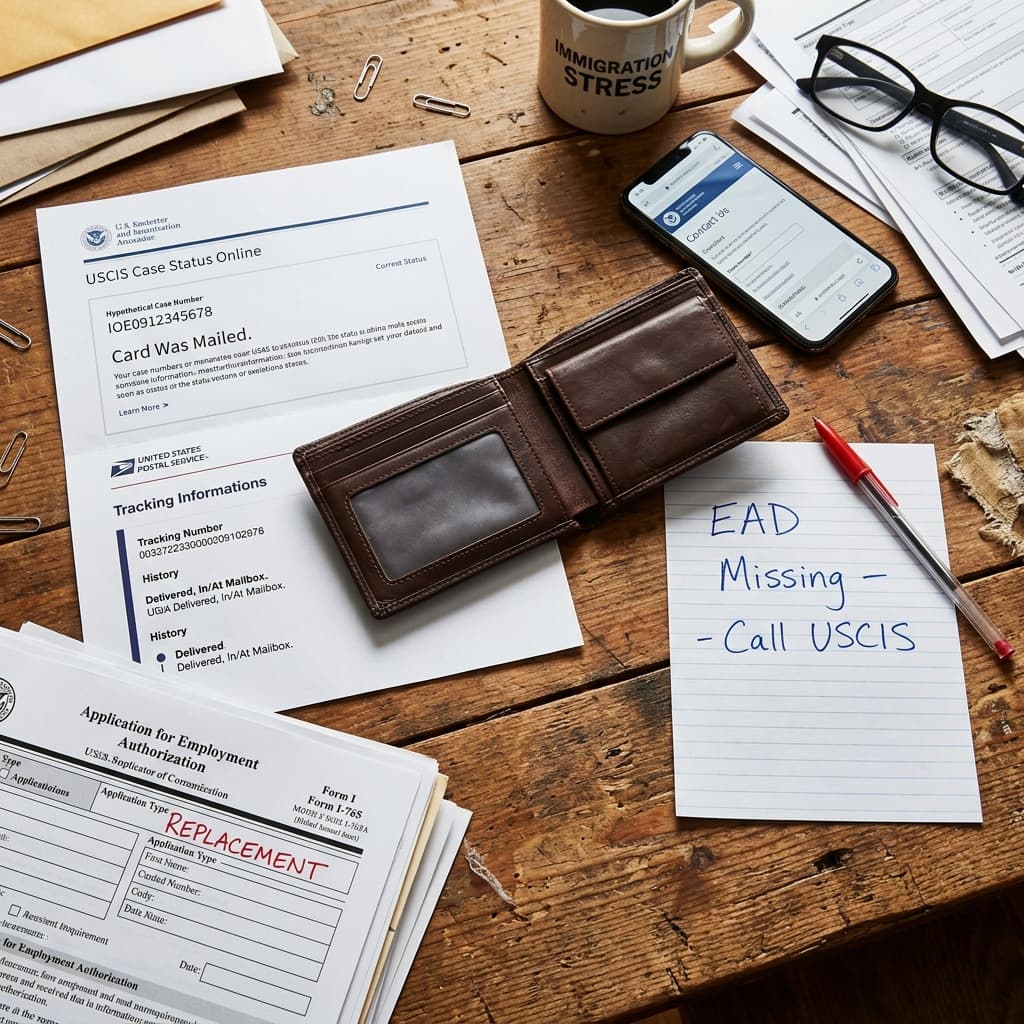 Open empty wallet, USCIS case status showing Card Was Mailed, USPS tracking printout and Form I-765