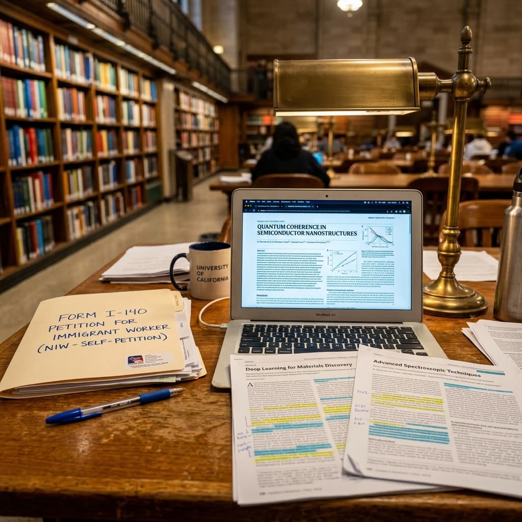 Academic research papers, laptop showing academic paper, and Form I-140 folder on library desk