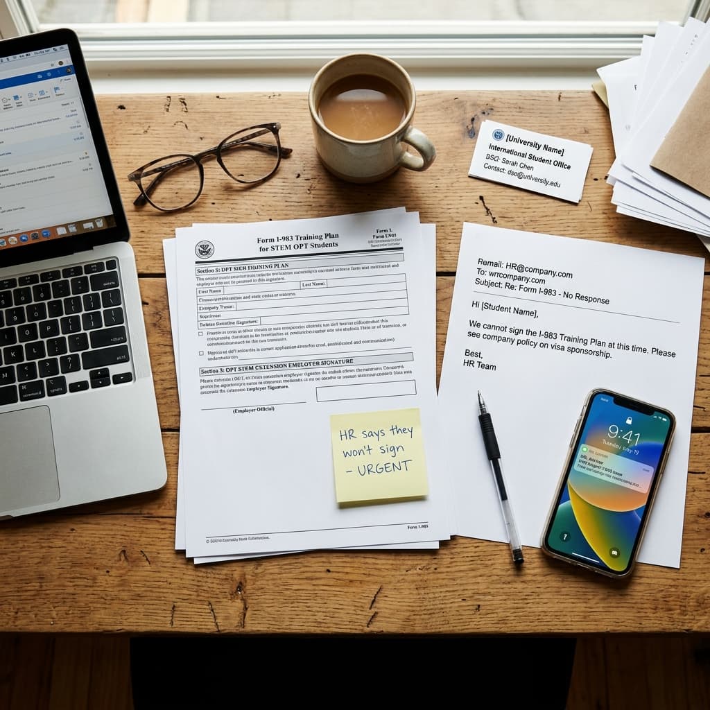Form I-983 with empty employer signature, HR no-response email printout, and urgent sticky note