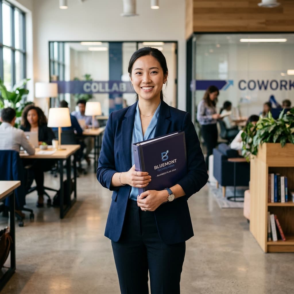 Young entrepreneur standing confidently in a modern coworking space