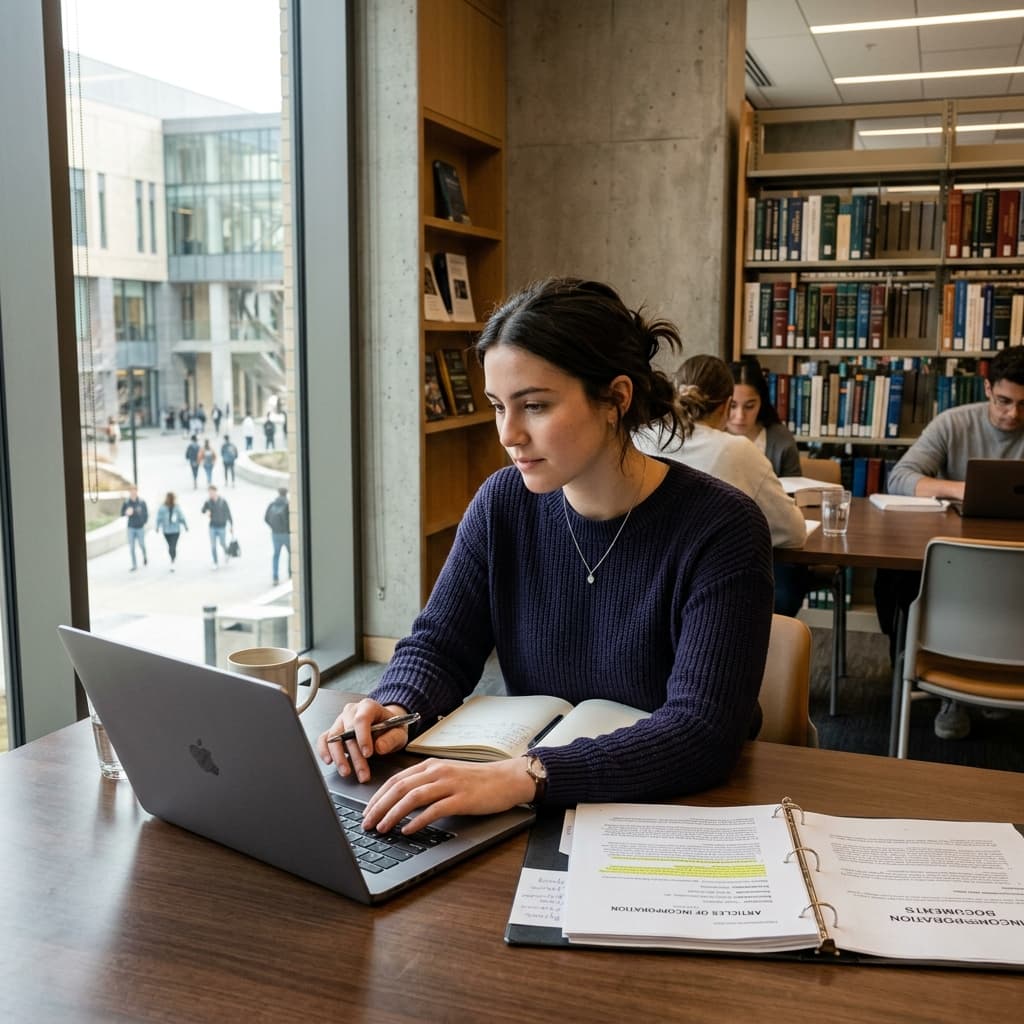 F-1 student reviewing incorporation documents in a library