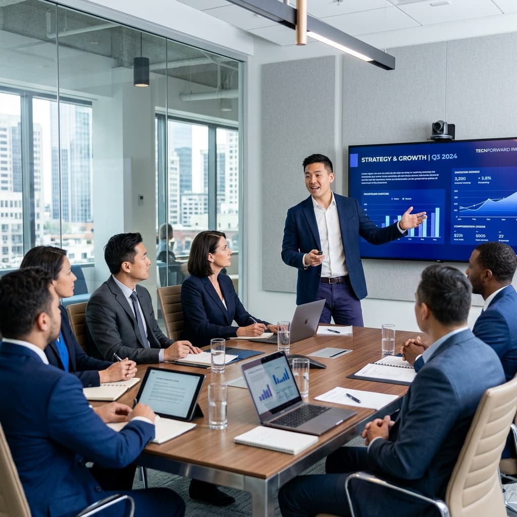 Tech startup founder presenting to investors in a modern boardroom
