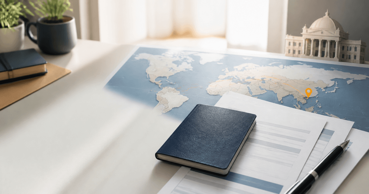 Passport and visa appointment papers on a world map showing a return route to the applicant’s home country
