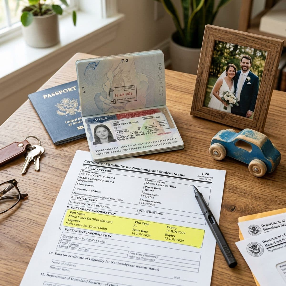 Passport with an F-2 visa stamp next to an I-20 with the dependent section highlighted and a wedding photo