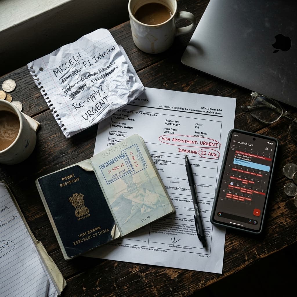 Stressed student desk with passport, I-20, and phone showing missed deadlines