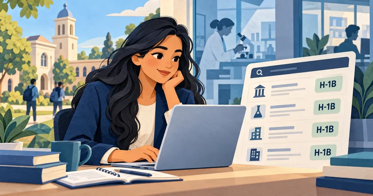 Illustration of a graduate building an H-1B employer shortlist near a university and research campus.