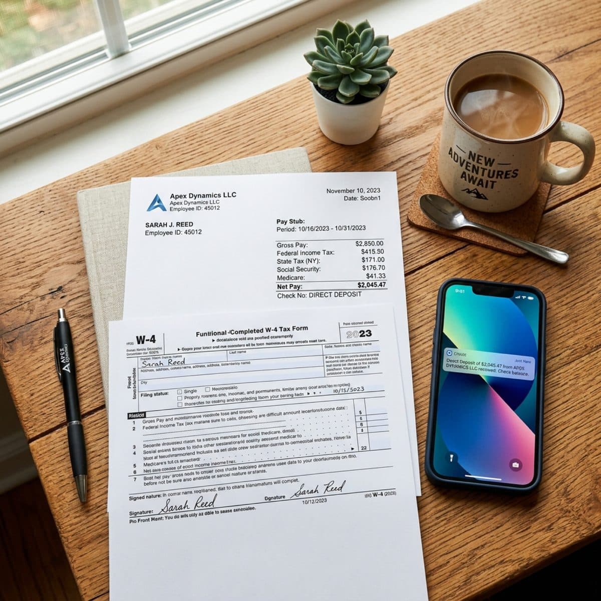 Pay stub showing gross pay and deductions next to a W-4 form and a phone with a direct deposit notification