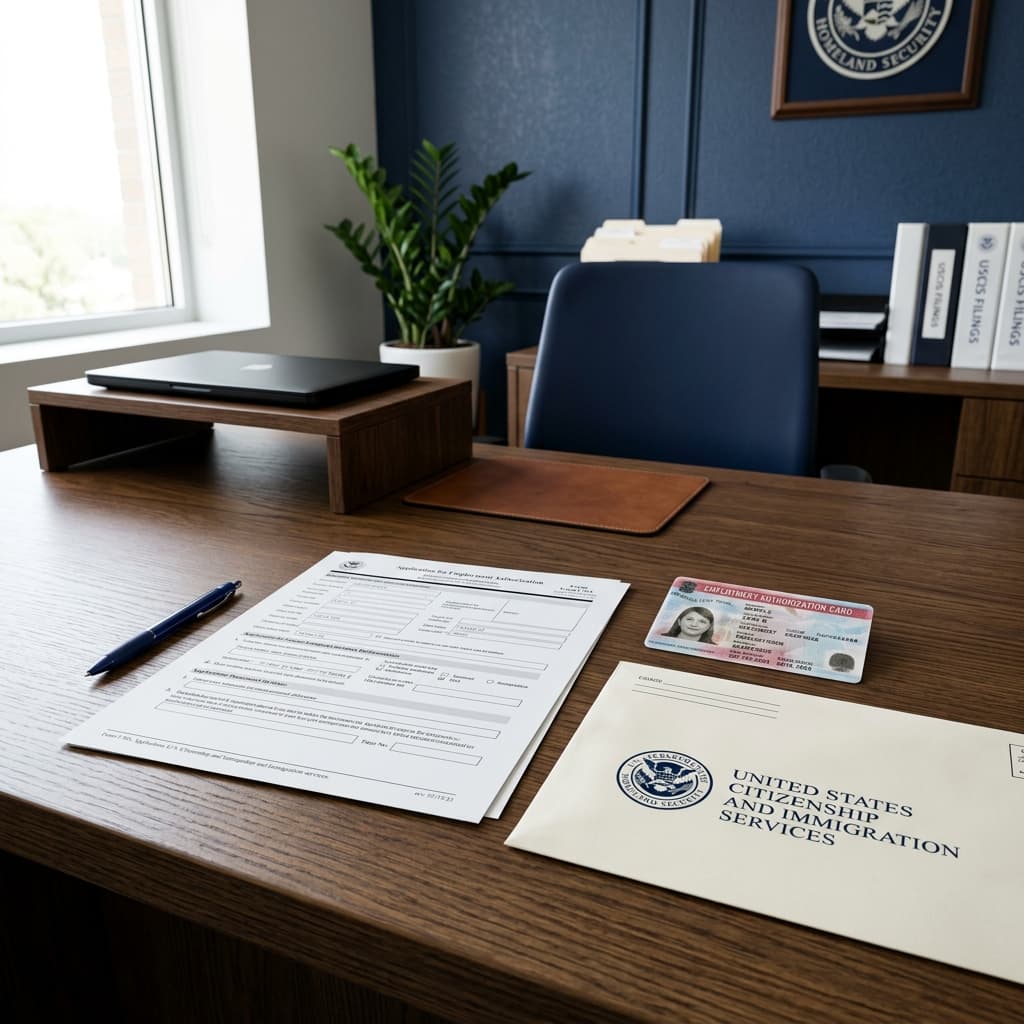 Form I-765 Application for Employment Authorization document with EAD card on office desk