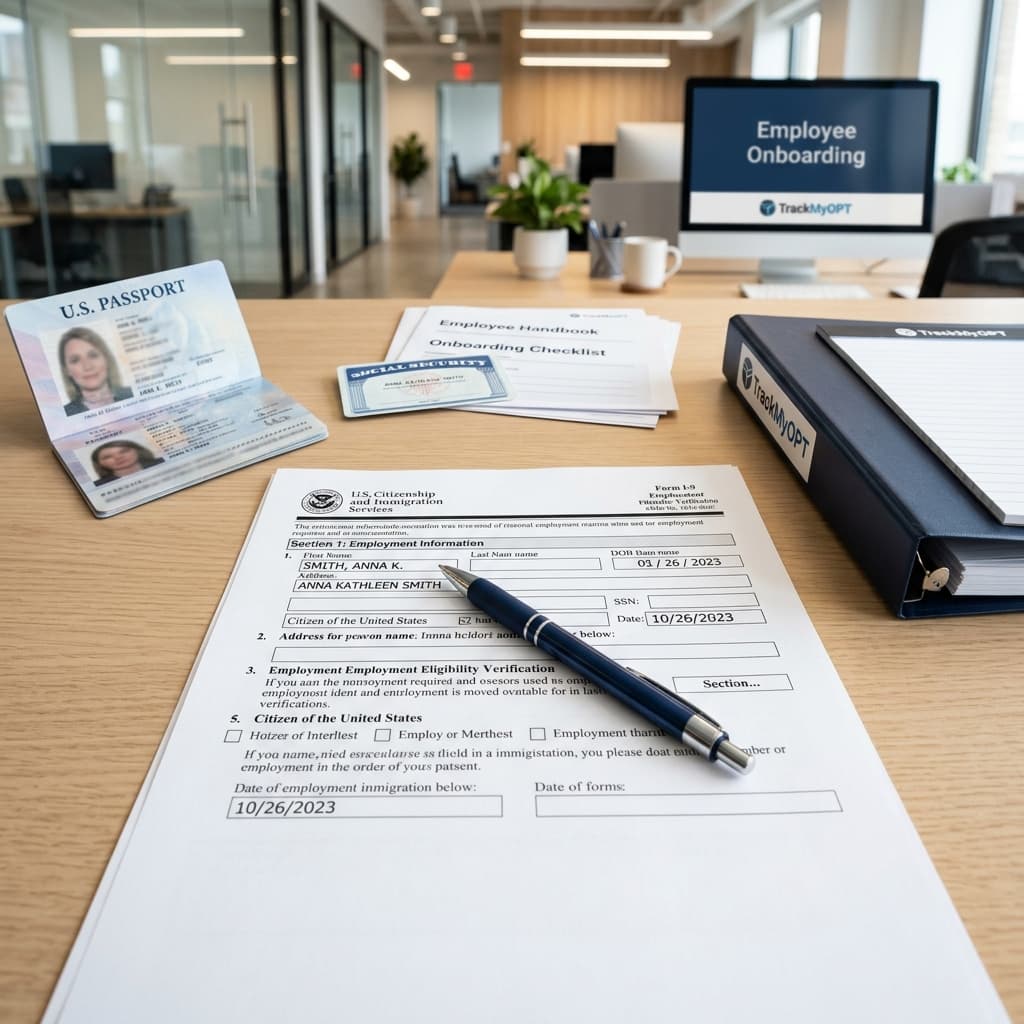 Form I-9 Employment Eligibility Verification on a corporate desk with a US passport