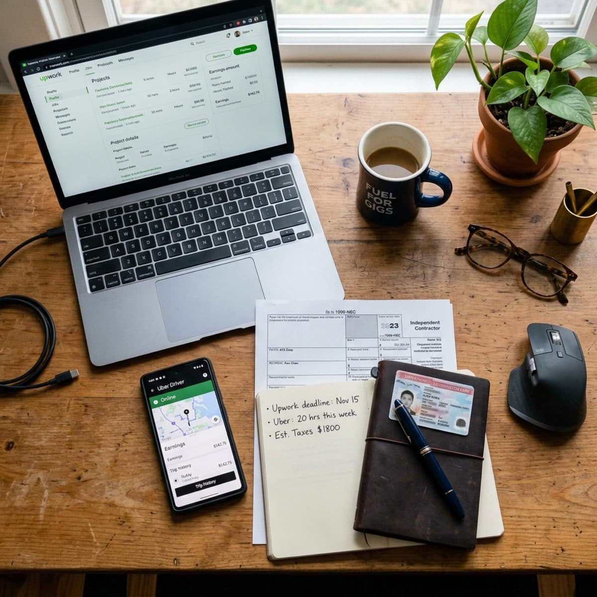 Laptop showing Upwork, a phone showing Uber Driver app, and an IRS 1099 form