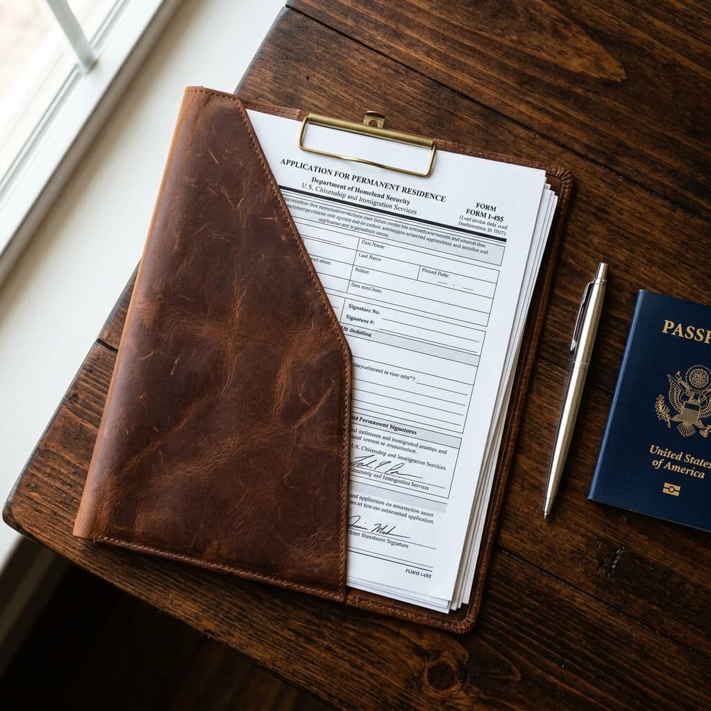 Application for Permanent Residence documents and US passport on a wooden desk