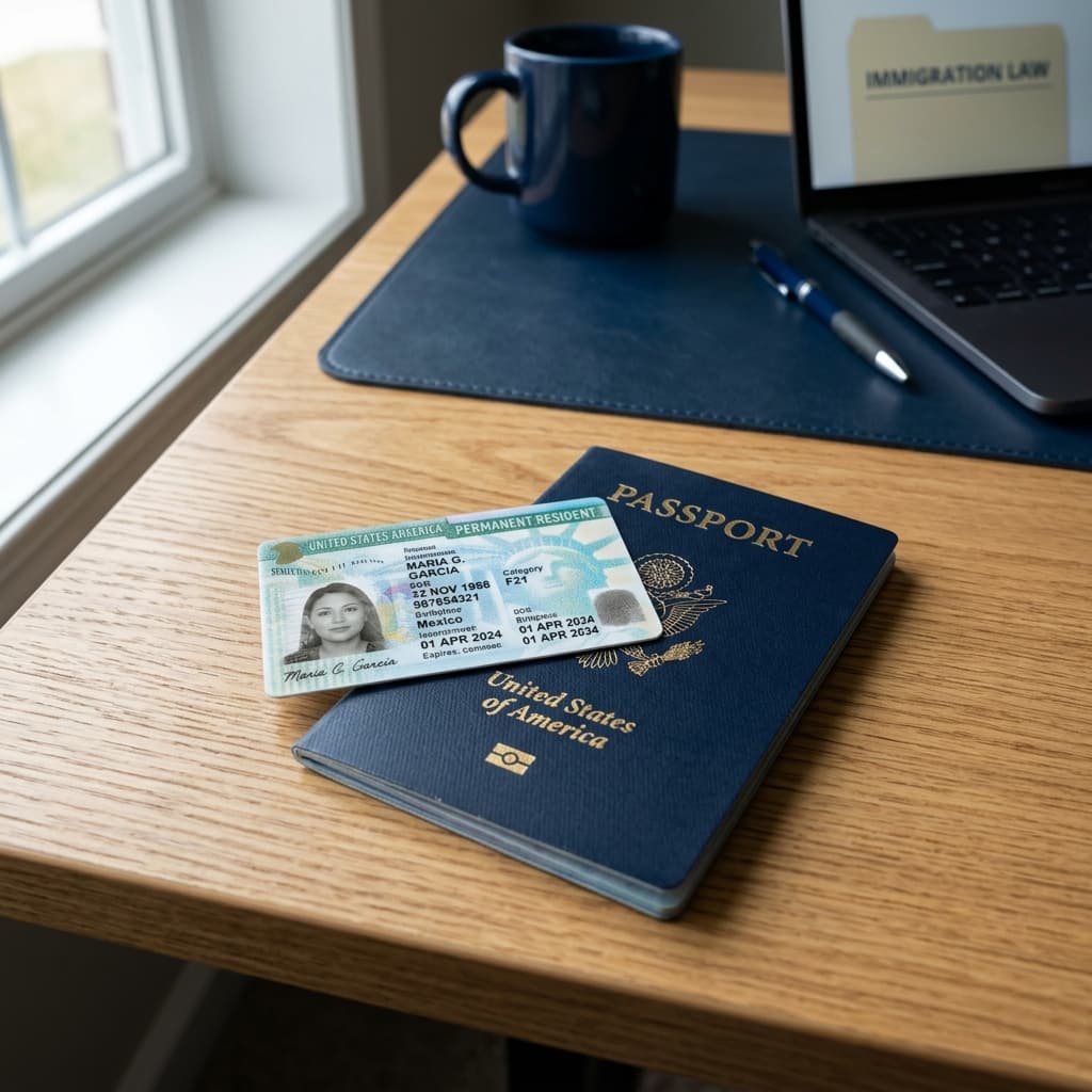 USCIS green card resting on a passport