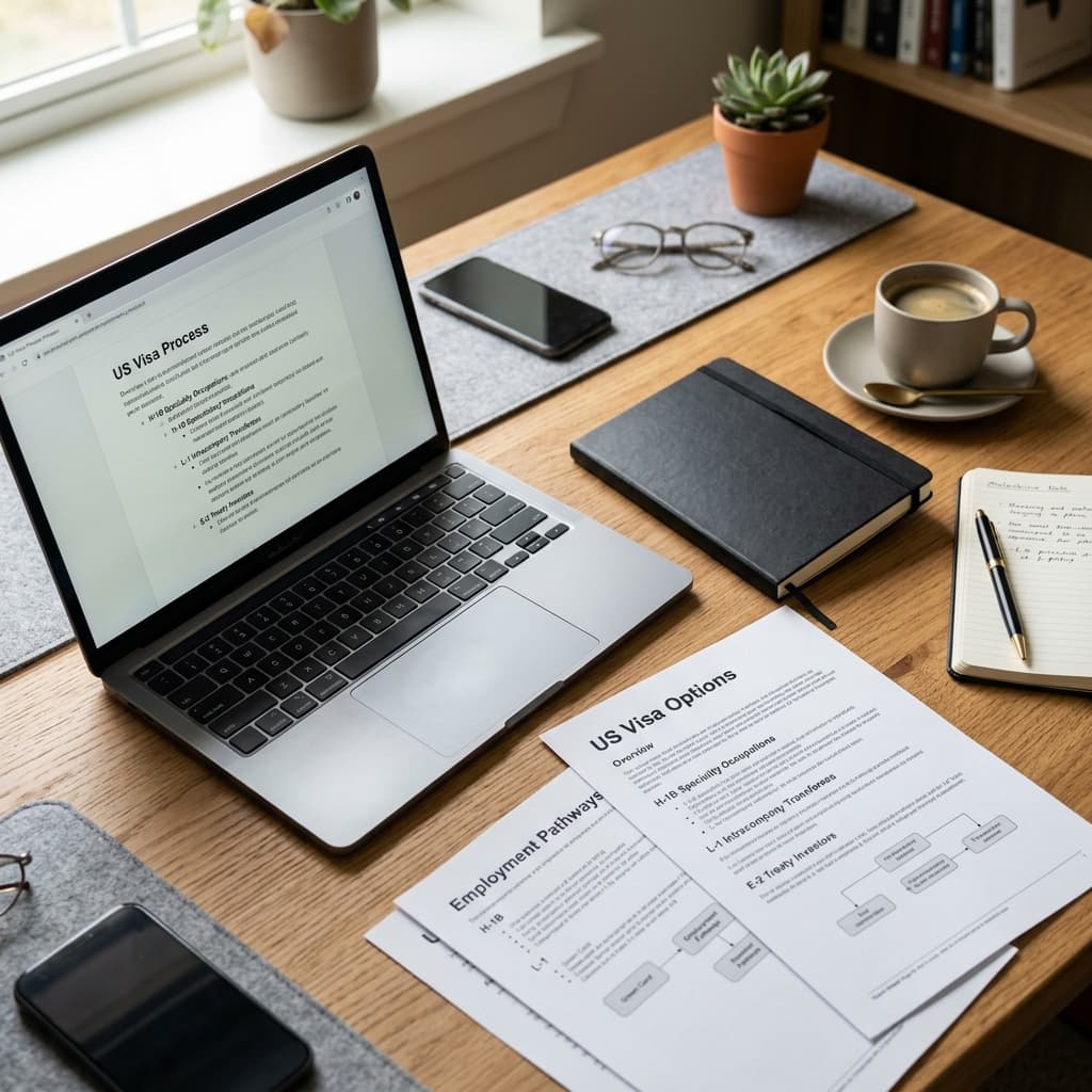 US Visa options and employment pathways paperwork on a workspace desk
