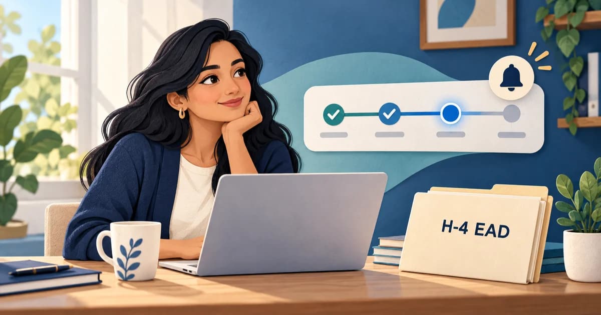 Illustration of a professional checking an H-4 EAD folder and status alerts.