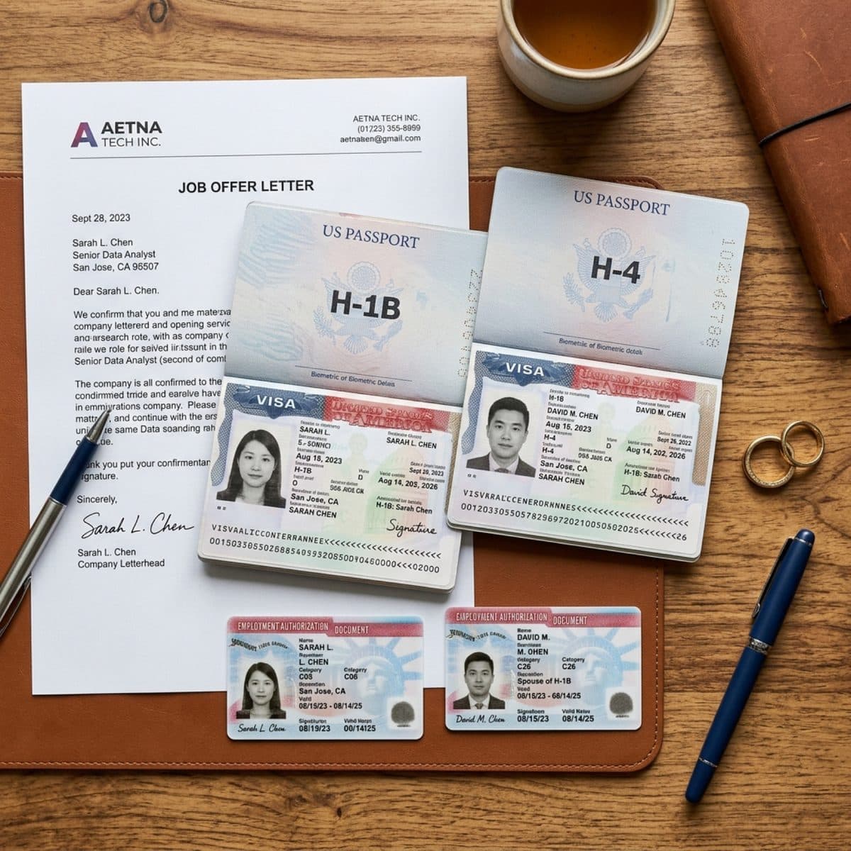 Two EAD cards and two passports with H-1B and H-4 visa stamps next to wedding rings