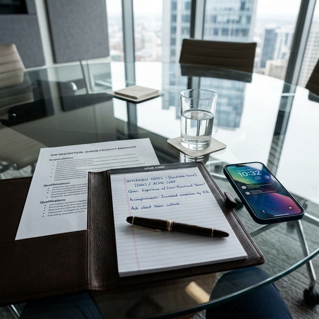 Job description printout, open portfolio with interview preparation notes on a glass desk