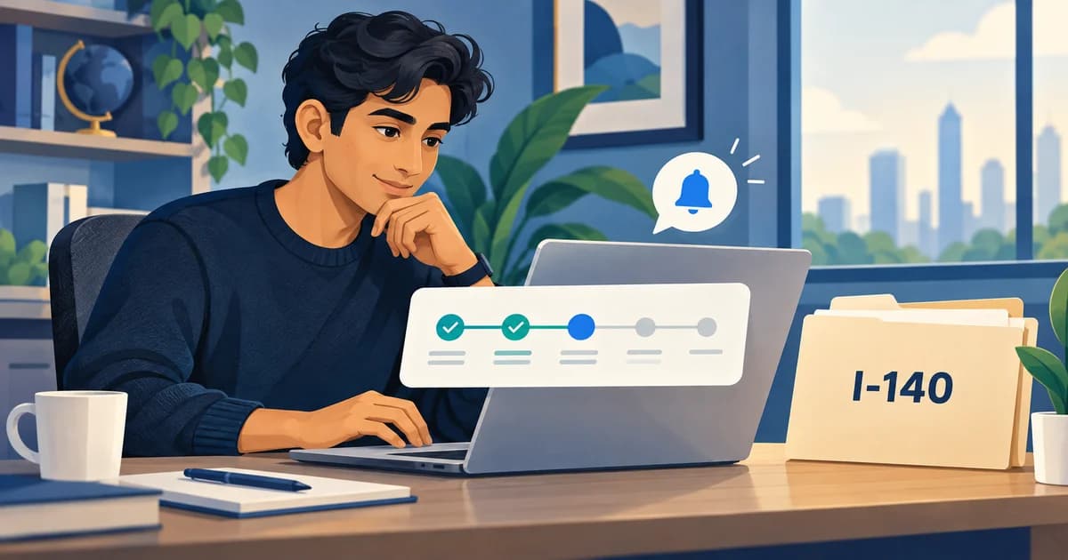 Illustration of a professional checking an I-140 folder and a case timeline at a desk.