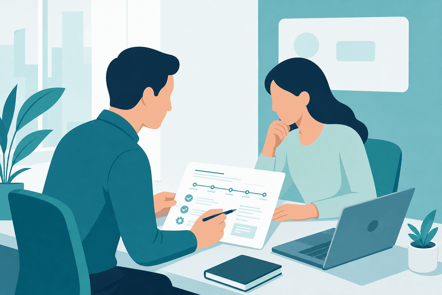Illustration of a student and employer reviewing a STEM OPT training plan.