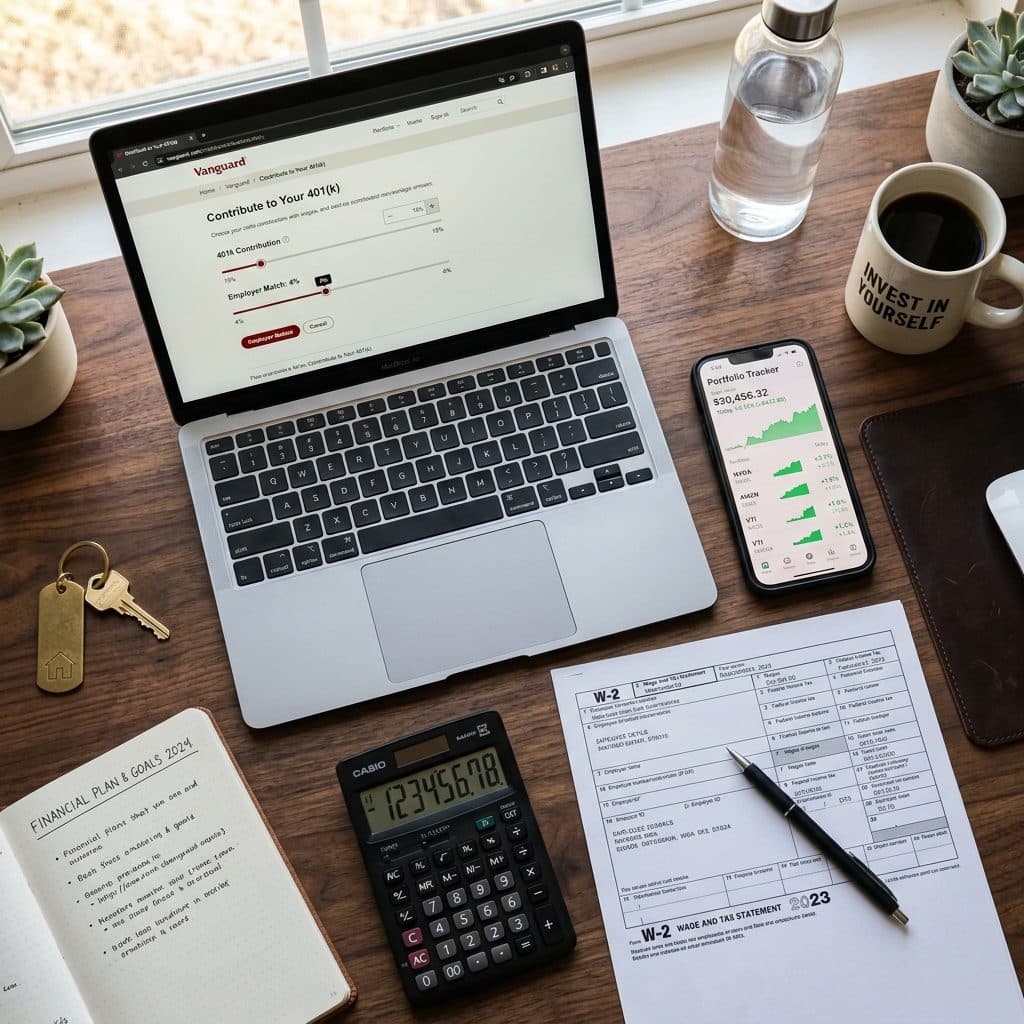 Laptop showing a 401k contribution page next to a smartphone with a stock portfolio tracker