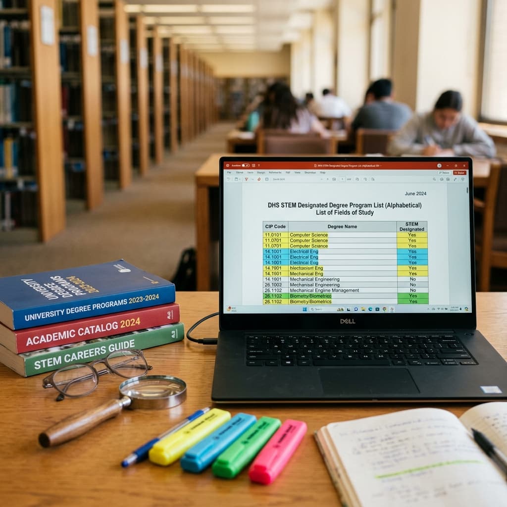 Laptop screen showing DHS STEM Designated Degree list with university catalogs on a desk
