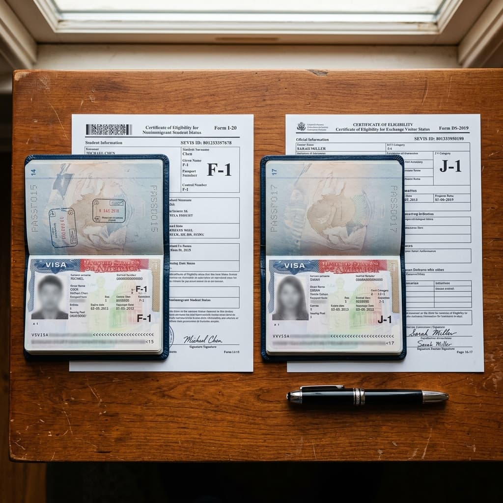 Two passports showing an F-1 visa stamp and a J-1 visa stamp next to an I-20 and DS-2019