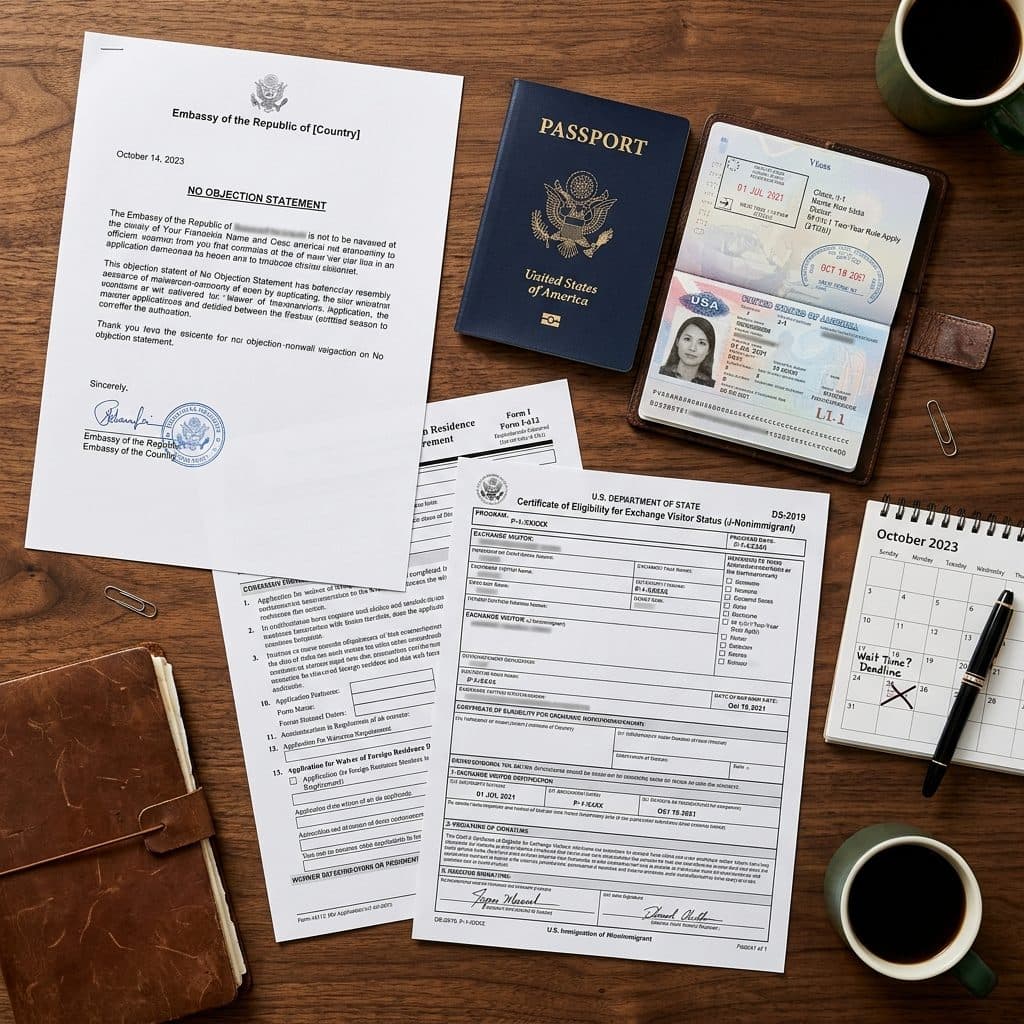 Embassy No Objection Statement letter next to a US passport with a J-1 visa stamp and a DS-2019