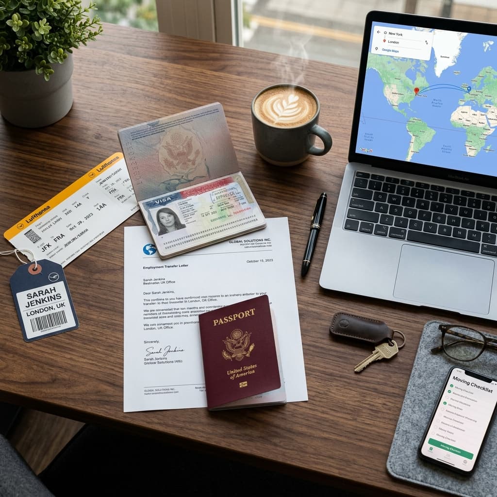 Laptop showing a world map next to a passport with an L-1 visa stamp and an employment transfer letter