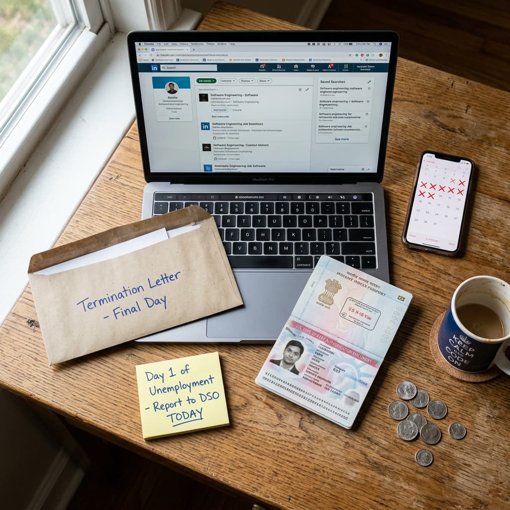 Termination letter, Indian passport, EAD card and job search on laptop
