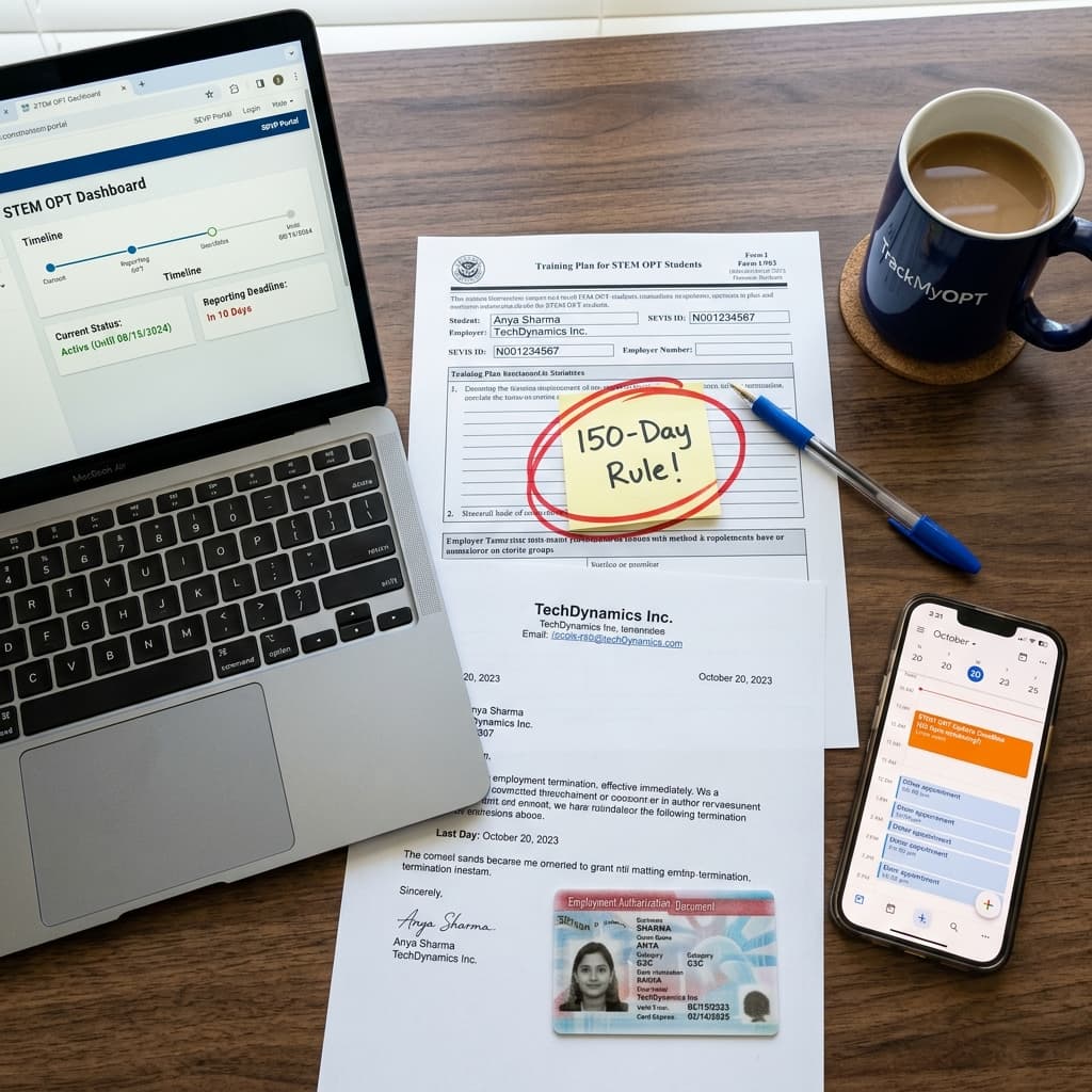 Form I-983 with 150-Day Rule sticky note, termination letter, and STEM OPT dashboard on laptop