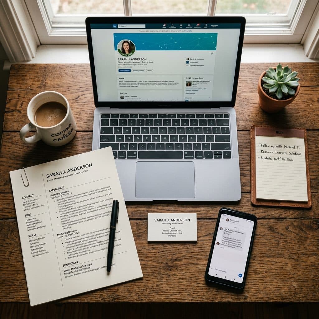 Laptop showing a LinkedIn profile page with an Open to Work badge next to a resume
