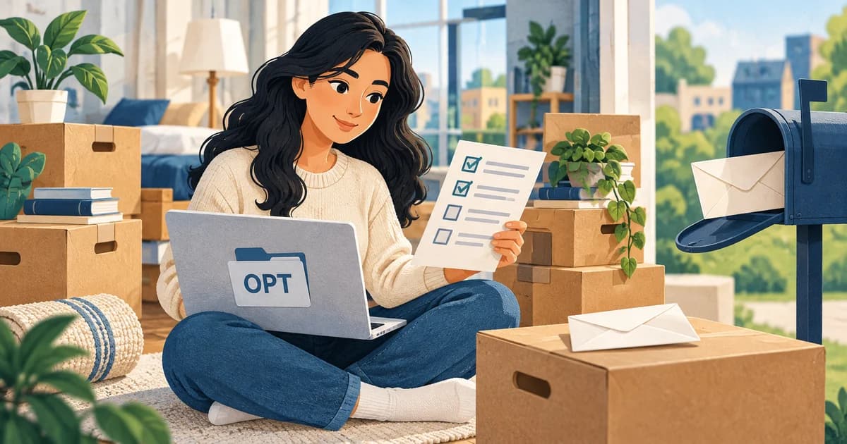 Illustration of a student with moving boxes, an OPT checklist, and a mailbox.