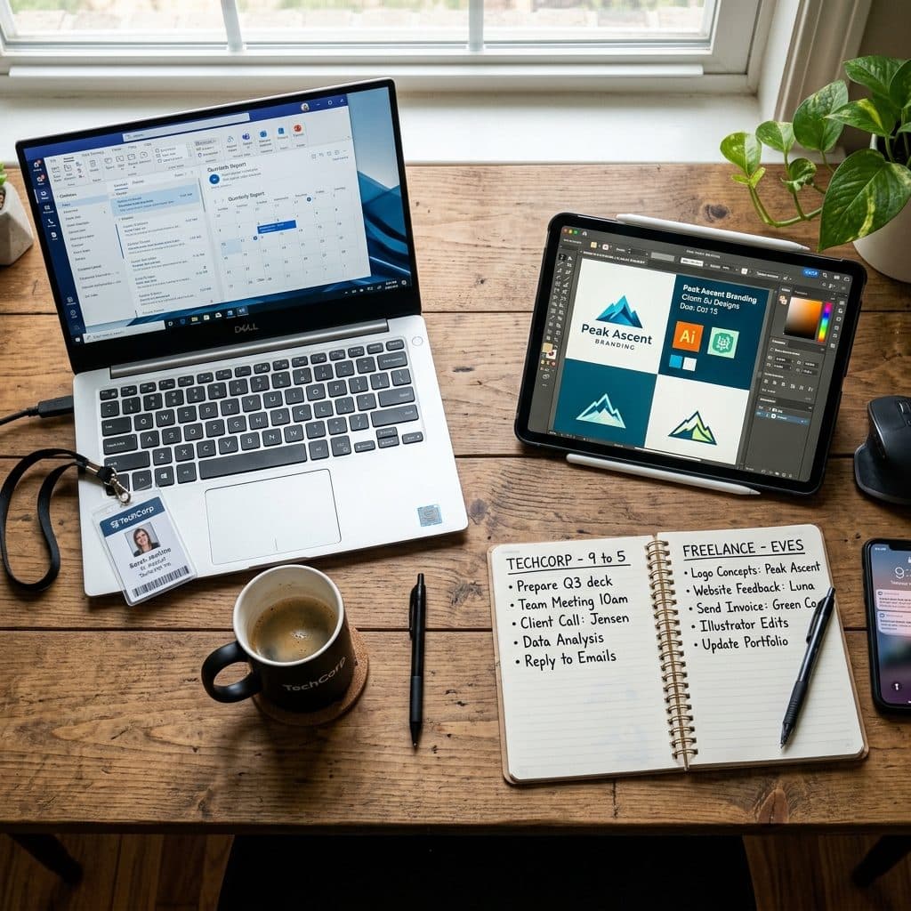 A desk split between a corporate laptop setup and a freelance tablet setup
