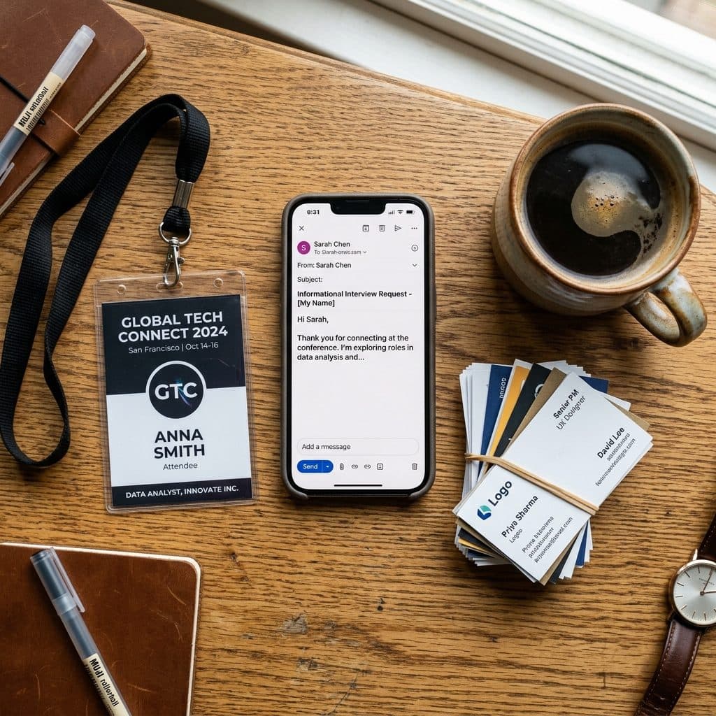 A conference name tag, a stack of business cards, and a smartphone showing an email draft