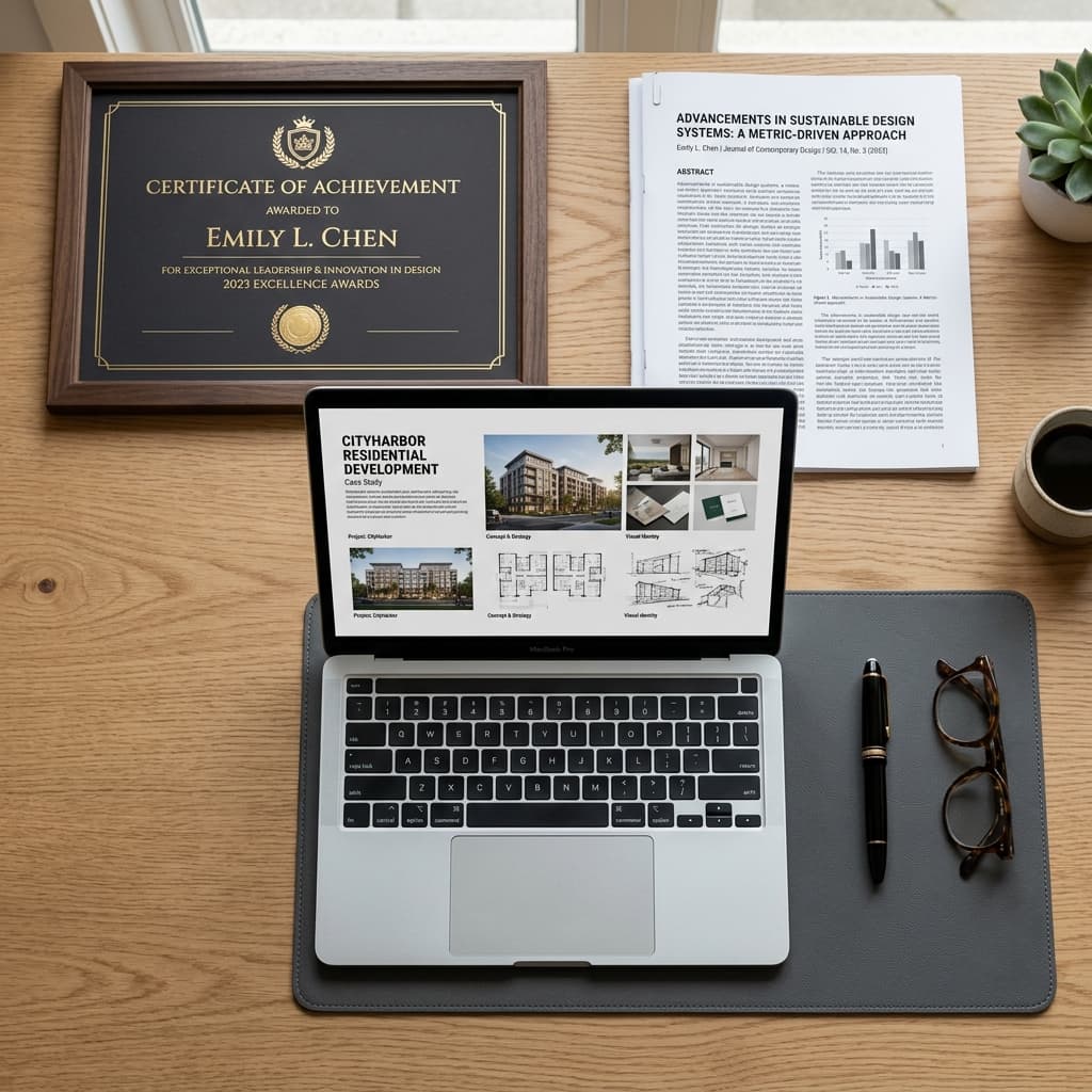 Workspace with an award certificate, published research paper, and design portfolio representing O-1 visa extraordinary ability