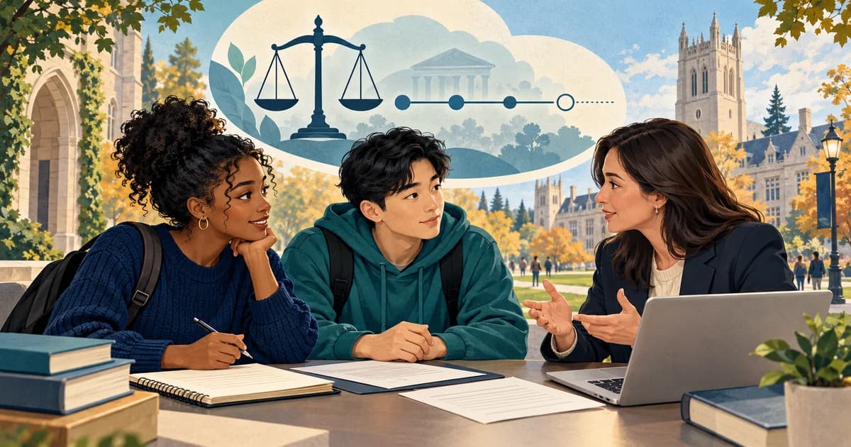 Conceptual illustration of two fictional students reviewing internship plans with a university adviser and a pending legal timeline