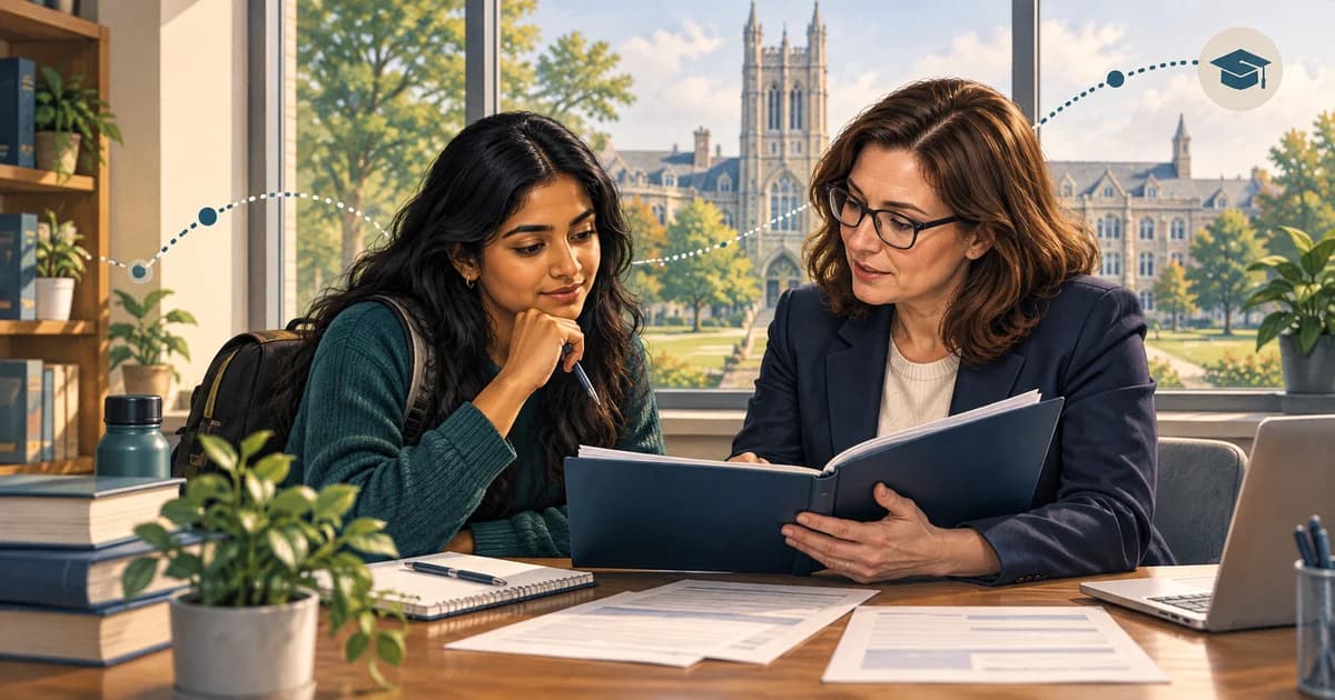 Illustration of a fictional international graduate and university adviser reviewing an OPT plan