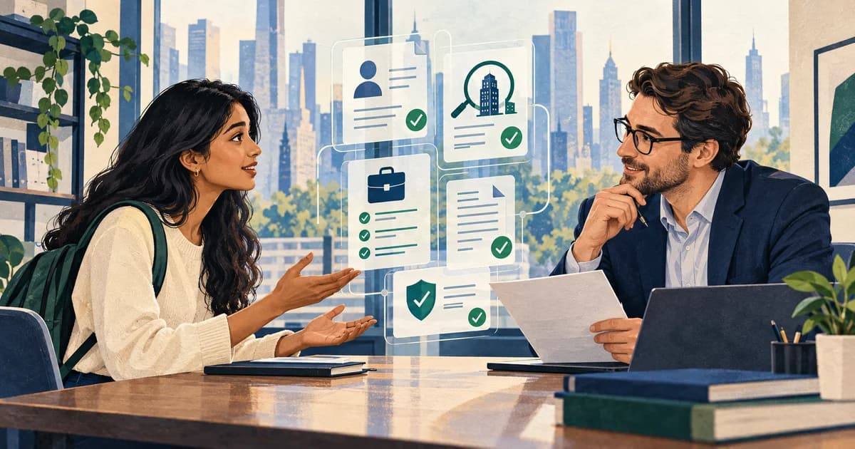 Fictional OPT graduate discussing sponsorship documents with a recruiter