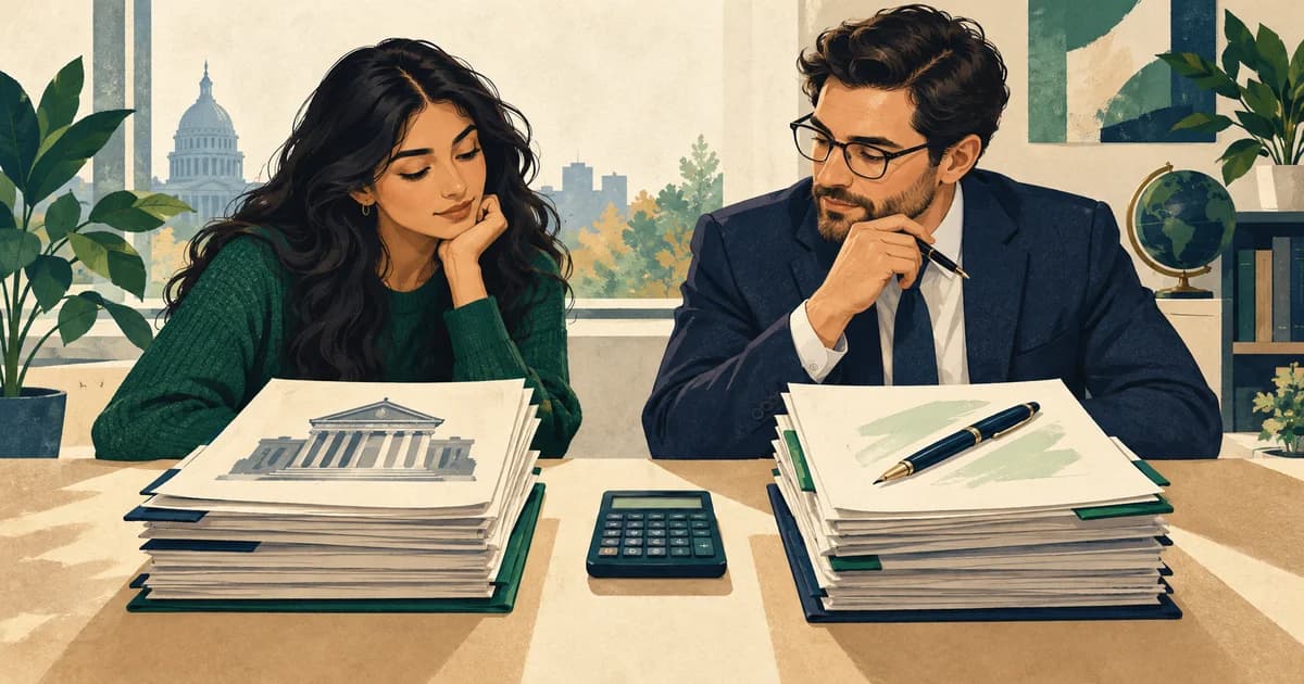 Fictional graduate and employer comparing a court-related document stack with a separate fee proposal