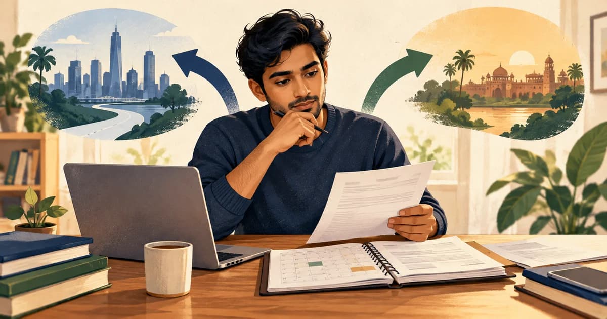 Fictional H-1B professional reviewing an employment letter and calendar after a layoff