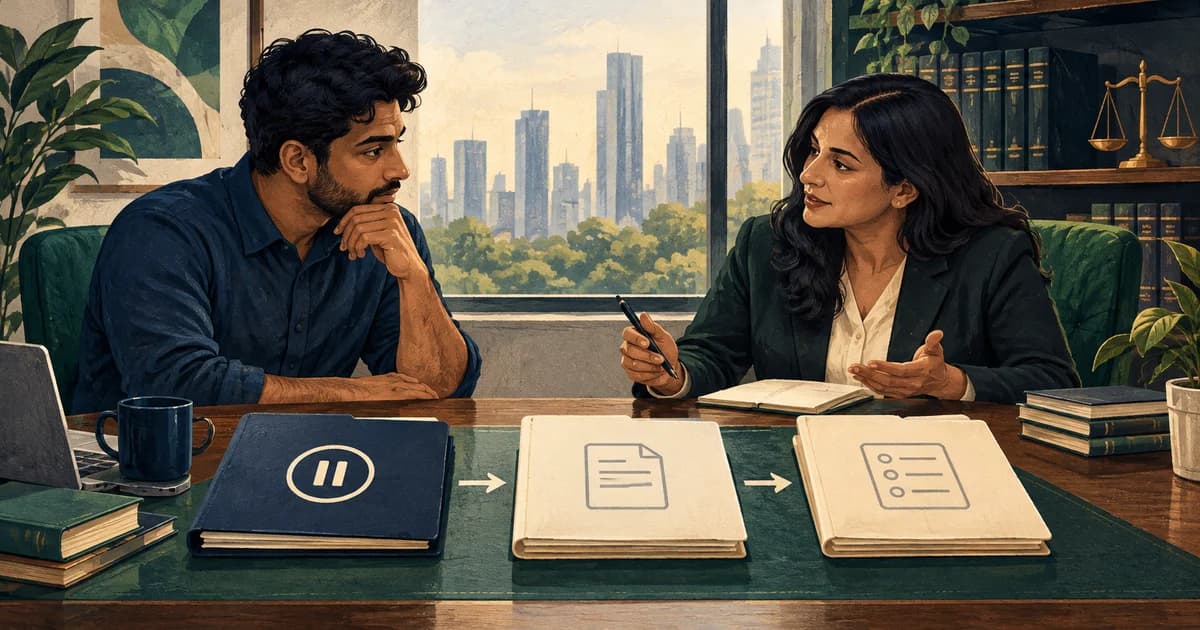 Fictional tech worker and attorney reviewing a paused PERM stage and later green-card document stages