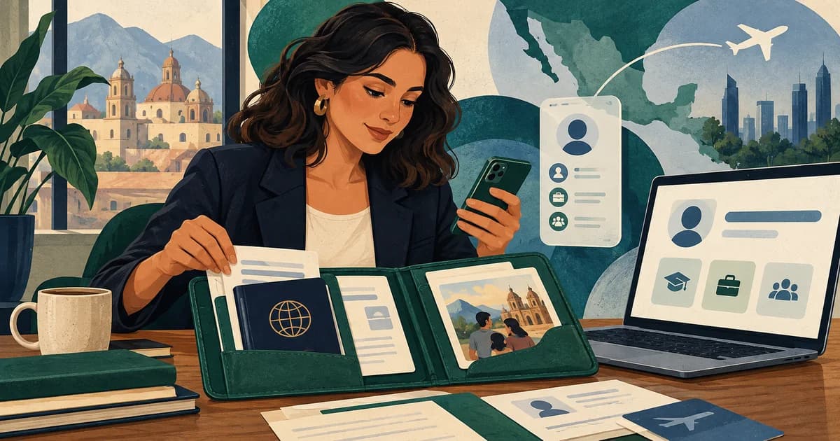 Fictional Mexican professional organizing a passport, travel folder and online profiles for a TN visa application