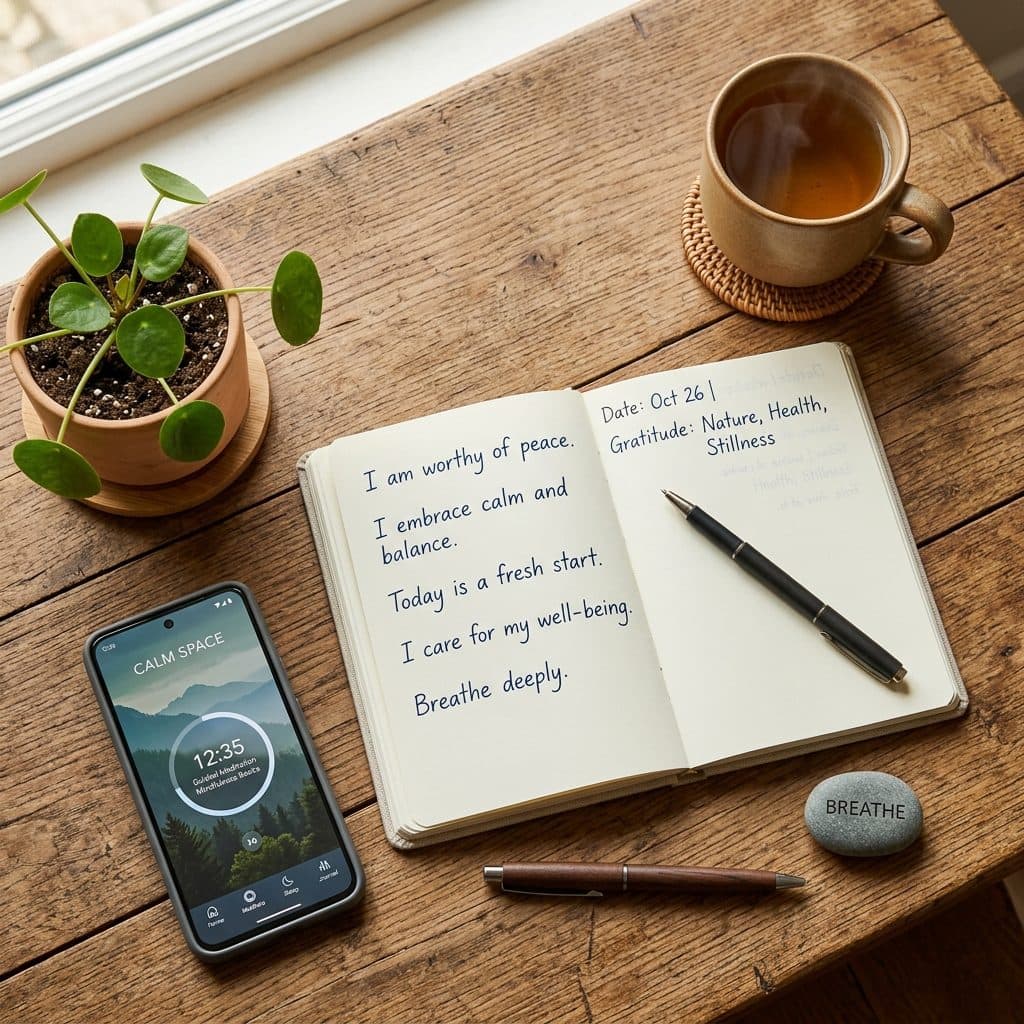 A calm desk setup with a journal, herbal tea, and a smartphone showing a mindfulness app