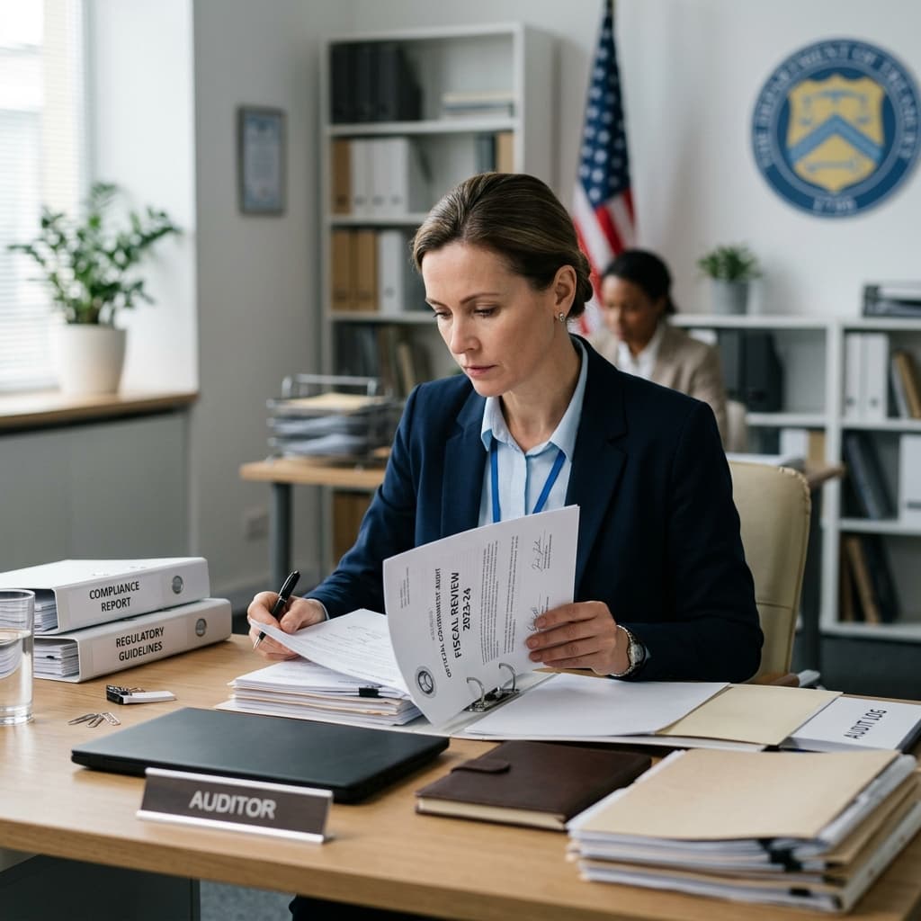 Compliance officer reviewing official documents